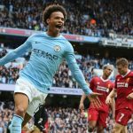 Leroy Sane merayakan gol ke gawang Liverpool.