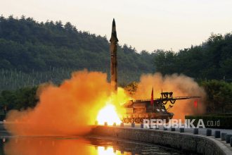 A ballistic missile test equipped with a precision guidance system, in an undisclosed location in northern Korea.