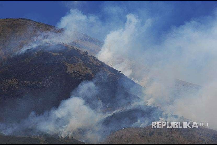 Asap mengepul dari kebakaran hutan gunung Sindoro difoto dari Desa Sigedang, Kejajar, Wonosobo, Tengah, Sabtu (8/9). Kebakaran sejak Jumat (7/9) siang tersebut terjadi di lahan hutan dan ilalang yang  berada pada petak 7B area Perhutani KPH Kedu Utara.
