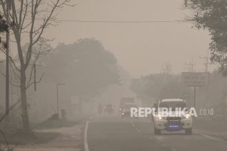 Kendaraan melintas di Jalan Trans Kalimantan yang diselimuti asap di daerah Panarung, Palangka Raya, Kalimantan Tengah, Selasa (17/9/2019).