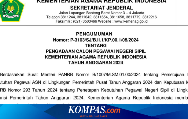 Catat Jadwal Pengumuman Seleksi Administrasi CPNS Kemenag 2024